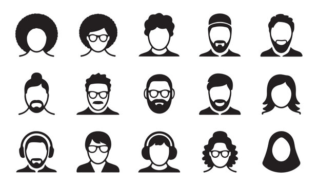 Set of 15 diverse avatar icons featuring men and women with various beards, hairstyles, and accessories.