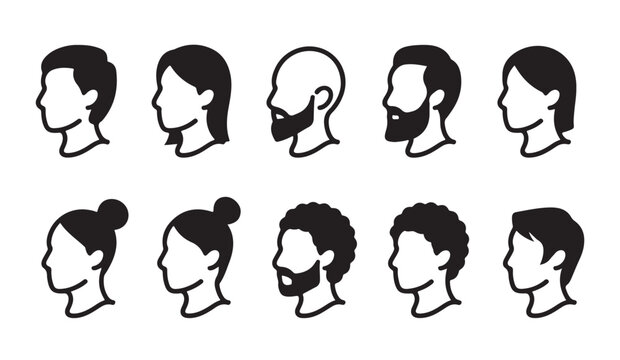 Set of diverse side profile head icons with various hairstyles beards and baldness.