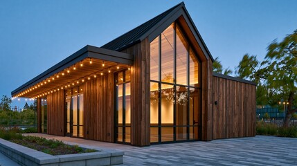 Fototapeta premium Modern Wooden Barn Venue with String Lights and Large Windows at Dusk