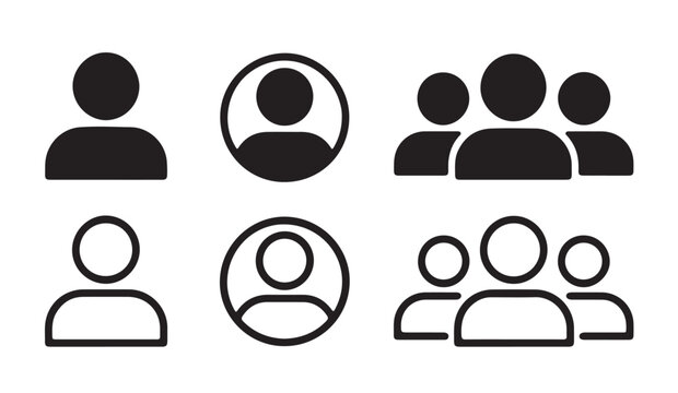 Group of user icons in solid and outline styles, representing single and multiple people.