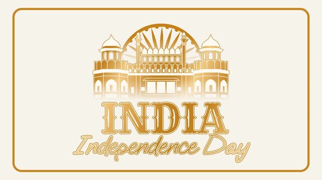 Elegant 4K animated video for India Independence Day with golden Red Fort silhouette, spinning Ashoka Chakra, and white background. Perfect for broadcast, promos, and event displays.