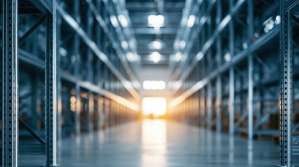 Fototapeta premium Empty Industrial Warehouse Aisles with Steel Shelving Racks Illuminated by Bright Natural Light