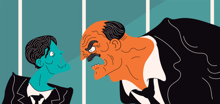 angry boss scolding frightened office worker