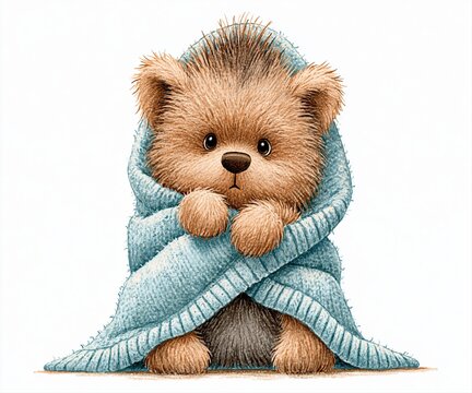 Adorable fluffy teddy bear wrapped in a cozy blue knitted blanket, looking cute and shy