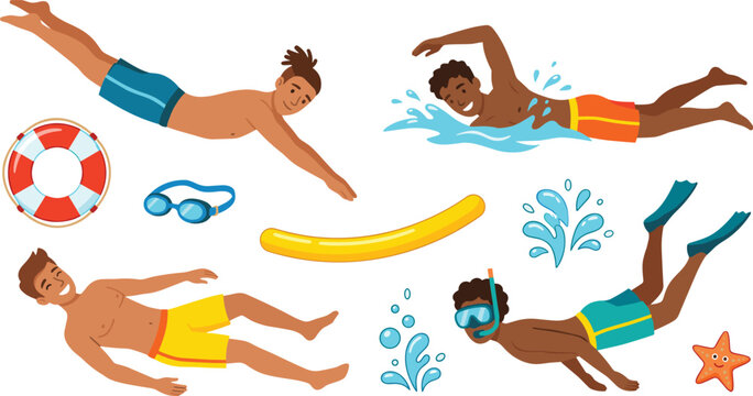 Men Swimming and Diving Vector Set Featuring Characters Floating Crawling Snorkeling with Lifebuoy Goggles Pool Noodle and Water Splash Elements