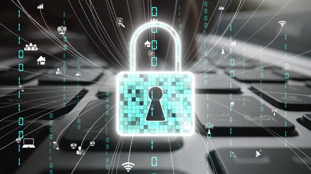 This visually striking image represents digital security, featuring a lock symbol over a laptop keyboard, symbolizing the importance of cyber security and data protection in today world. Xenic