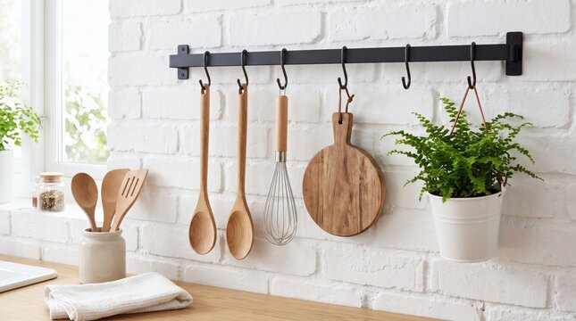 Kitchen Utensils Hanging on a Rack Against a White Brick Wall.