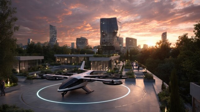 Futuristic Electric Air Taxi Landing on Urban Smart Rooftop Station.