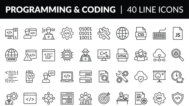 Forty programming and coding line icons set for software engineering projects
