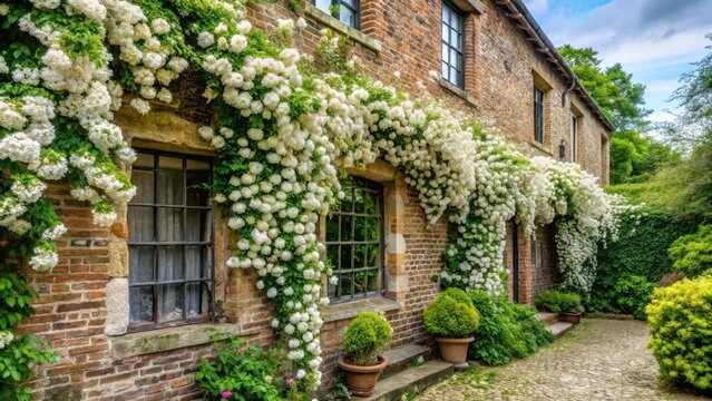 A delicate bush of white jasmine cascades gently down the gardens stone wall nestled behind a historic house with weathered brick faade and ivyadorned