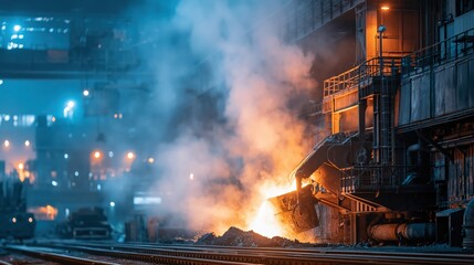 Fototapeta premium Molten Metal Pouring at Industrial Steel Foundry During Nighttime with Dramatic Smoke and Sparks