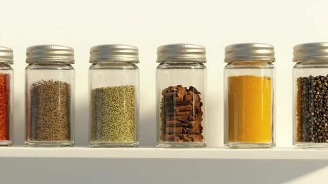 Assortment of vibrant spices and herbs in glass jars on a clean white shelf.