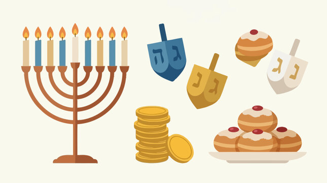 Colorful illustration of traditional Hanukkah celebration items and symbols