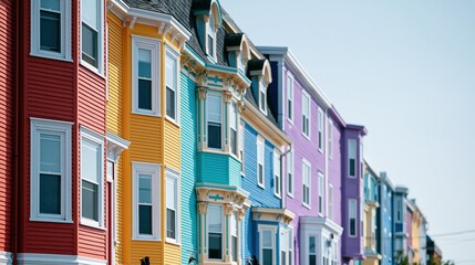 Obraz premium Row of colorful historic residential houses with bay windows and distinct architectural details on a sunny day