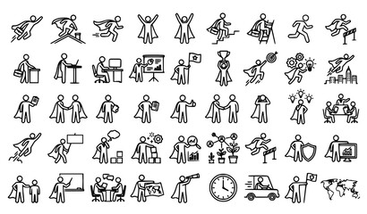 Flying superhero businessman stick figure pictogram collection with office work leadership success and business people icons isolated on white © Munnat