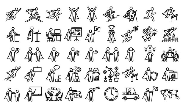 Flying superhero businessman stick figure pictogram collection with office work leadership success and business people icons isolated on white