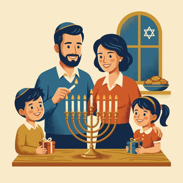 Illustrated family celebrating Hanukkah with lit menorah and gifts
