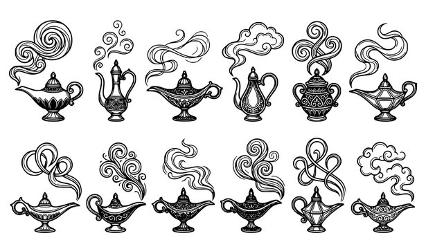 Black and white genie lamp vector set with magical smoke ornamental fantasy oil lamps and elegant line art illustrations isolated on white background