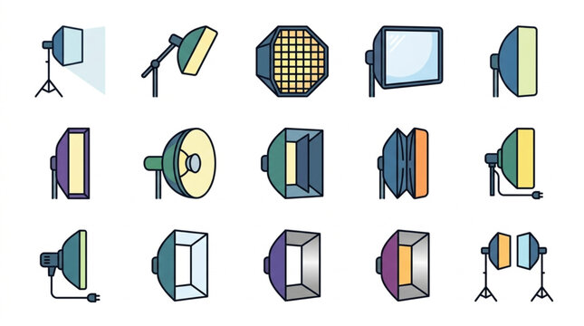 Collection of colorful studio lighting equipment icons.