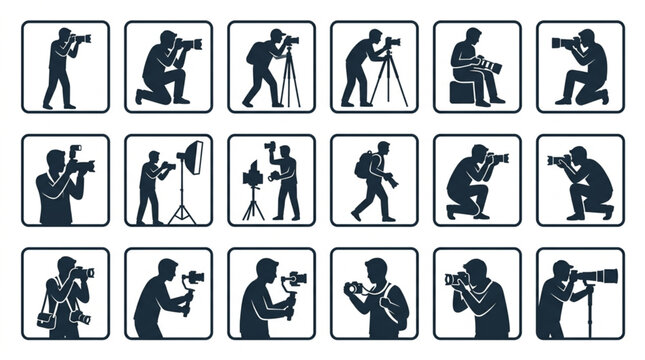 Collection of photographer and videographer silhouette icons.