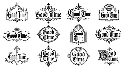 Gothic blackletter good time typography set with medieval style frames and ornate emblems. © MdJubayer