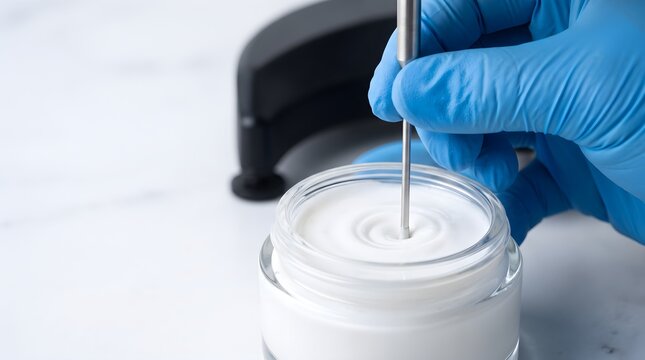Blue Gloved Hand Lowering Viscometer Probe into Cosmetic Cream for Quality Control
