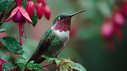 Obraz premium Ruby Throated Hummingbird Near Pink Flower, Colorful Wildlife Nature Photography