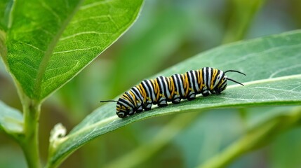 Naklejka premium Green Black Striped Caterpillar on Leaf Close Up, Colorful Insect Nature Macro Photography