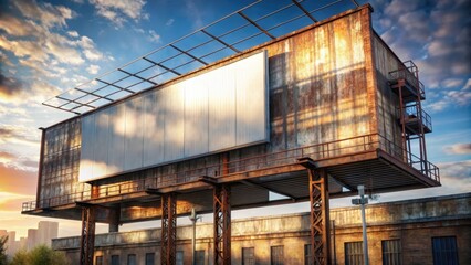 Fototapeta premium A billboard mounted on an old industrial warehouse with rusted metal walls