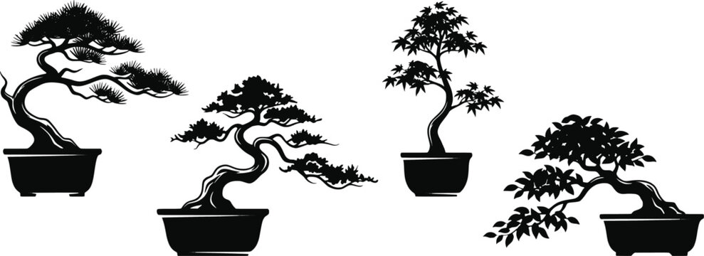 Black silhouette set of four bonsai trees in pots isolated on white background, illustration