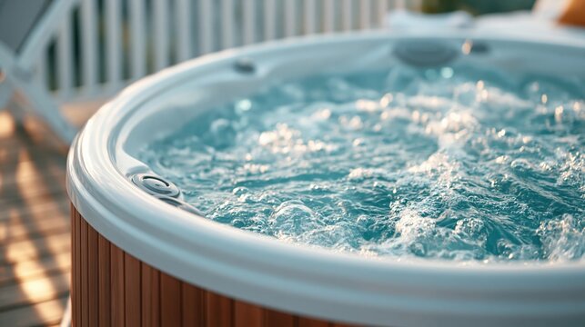 Close-up of a bubbling hot tub with clear blue water, set on a wooden deck with blurred background