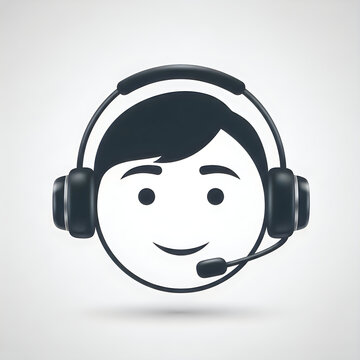 Minimalist flat vector icon of a customer support agent head wearing a headset with microphone isolated on a white background for business communication