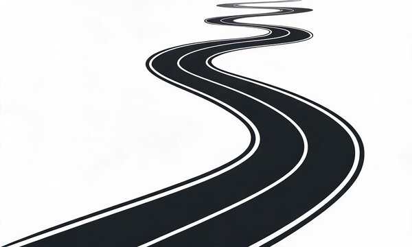 A winding two-lane asphalt road with white lane markings extends into the distance against a plain white background.