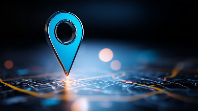 A location pin hovering over a digital map represents GPS navigation, destination tracking, route guidance
