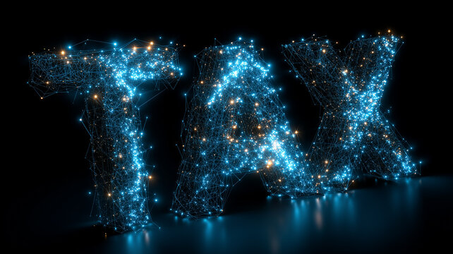 The word TAX formed by connected digital particles represents modern taxation, financial compliance
