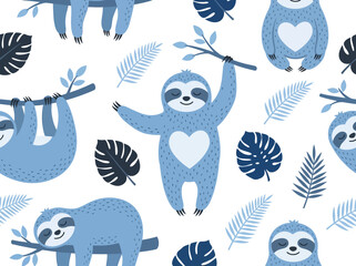 Fototapeta premium Seamless Blue Sloth Pattern with Tropical Leaves for Kids Nursery Decor