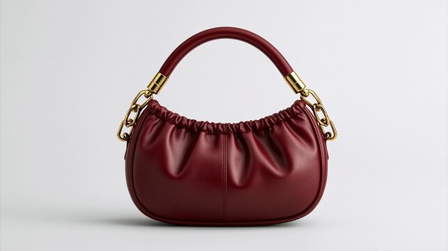 Red leather handbag with gold chain hardware and gathered top handle against neutral background