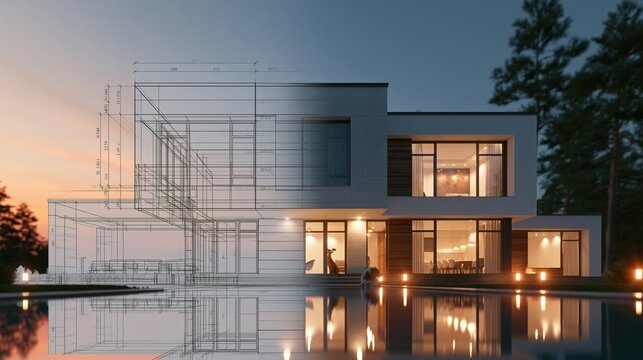 Modern Luxury House Design Blueprint Transitioning to Realistic Architectural Rendering with Pool