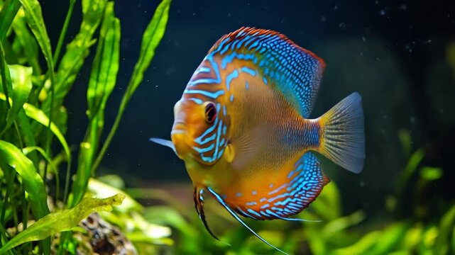 Vibrant Discus fish with striking blue and orange patterns in a lush aquarium.