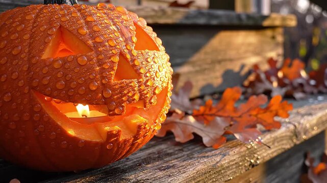 Wet pumpkin glows warmly through carved eyes and grin. Candlelight dances inside, casting soft orange shadows. Dew beads cling to its textured, orange skin