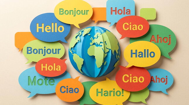 Earth globe surrounded by multilingual speech bubbles.