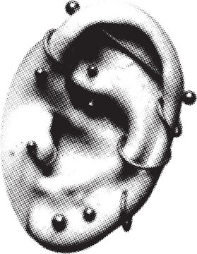 Human ear adorned with piercings in a graphic halftone style with stark contrast