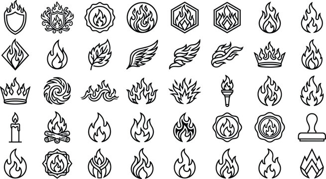 Outline set of fire and flame icons, emblem, wing, crown, campfire, candle, torch, lighter