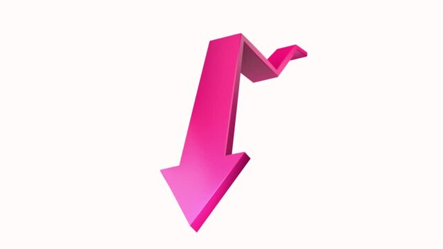  Animated 3D pink zigzag arrow pointing downwards. Perfect visual asset for displaying decrease, loss, inflation drop, or financial loss