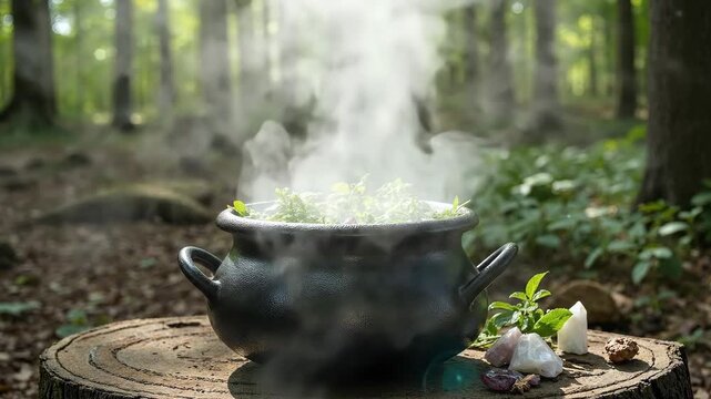 Mystical cauldron bubbling with herbs and smoke in an enchanted forest setting.