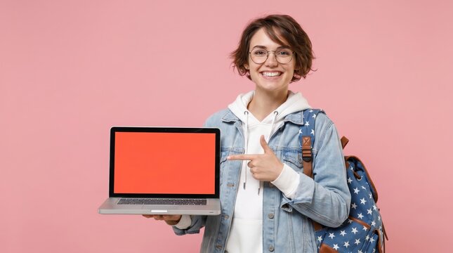 Smiling young woman with short brown hair wearing glasses and a denim jacket pointing at a laptop screen with a blank red display while carrying a blue star patterned backpack against a pink