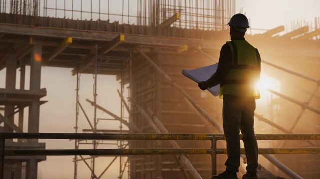 Construction worker in safety gear reviewing blueprints at building site during sunset
