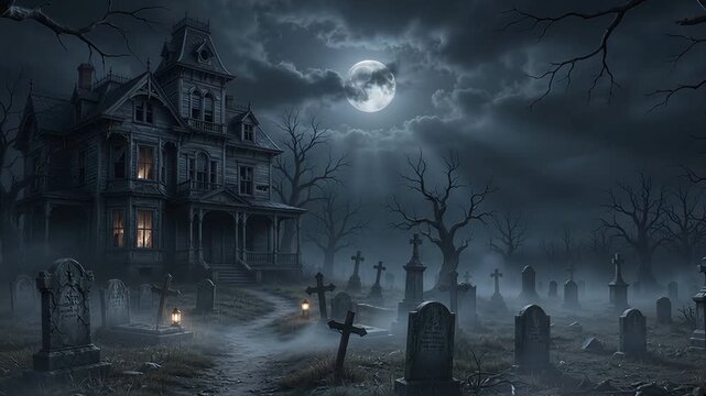 Haunted Cemetery at Midnight with Abandoned Mansion 4K