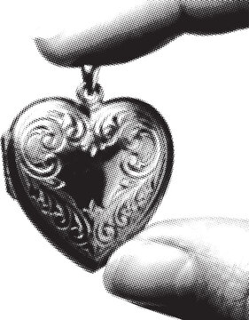 Ornate heart locket held in fingers with halftone effect for retro nostalgia