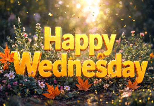 Bright happy wednesday golden text surrounded by colorful flowers and autumn leaves celebration
